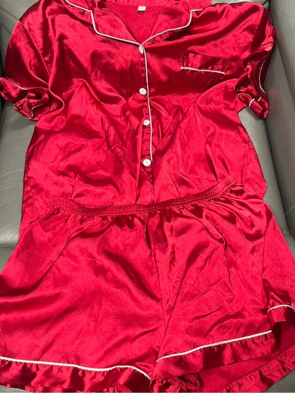 Women's Red Satin Short Pajama Set with White Piping